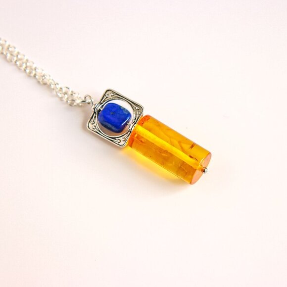 Handmade Amber & Lapis Lazuli Pendant Necklace – 16” Silver Chain - Picture 4 of 5